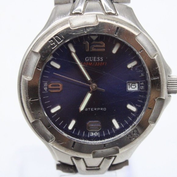 Guess Waterpro Watch Mens Silver Tone Stainless Steel Classic Quartz Blue Dial - Picture 3 of 7